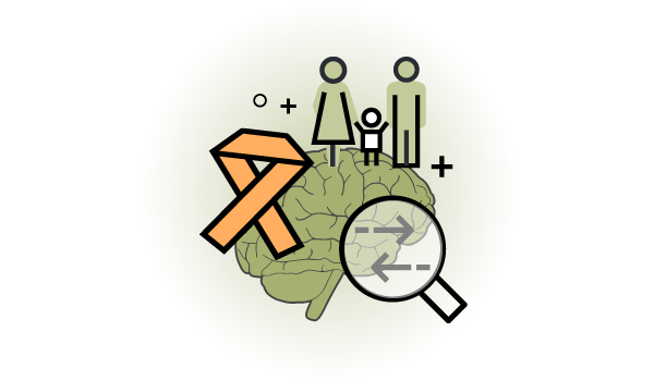 Icon graphic depicting a family, brain, magnifying glass and orange ribbon for MS