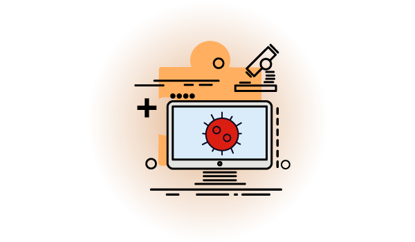 Icon graphic depicting a puzzle piece, computer monitor with virus, and microscope