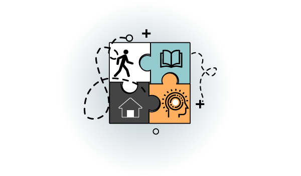 Icon graphic depicting puzzle pieces with a person walking, a head, a home and a book