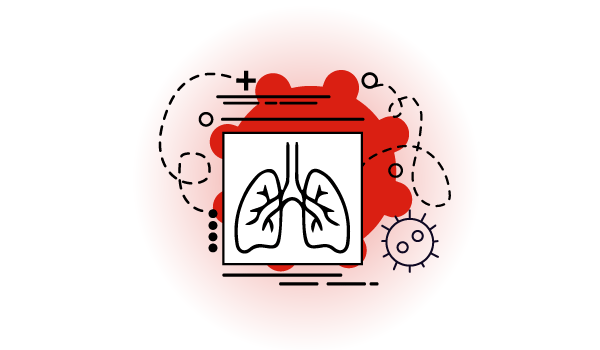 Icon graphic with lungs, a gear, a virus and technical drawing lines