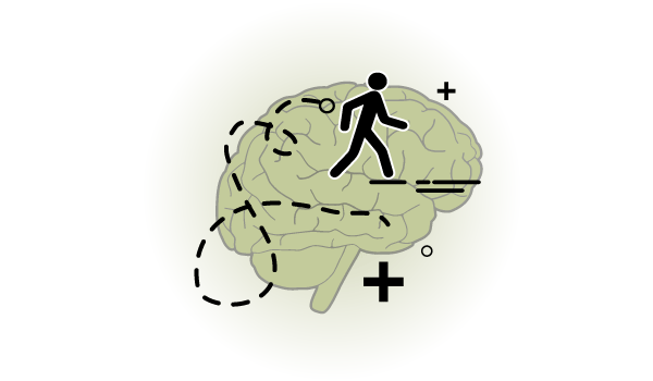 Icon graphic depicting a brain, a figure walking and technical drawing details