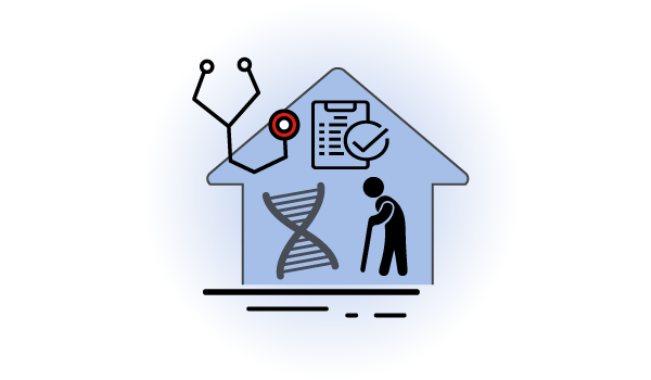 Icon graphic depicting a home, person walking and hourglass with medical records and stethoscope