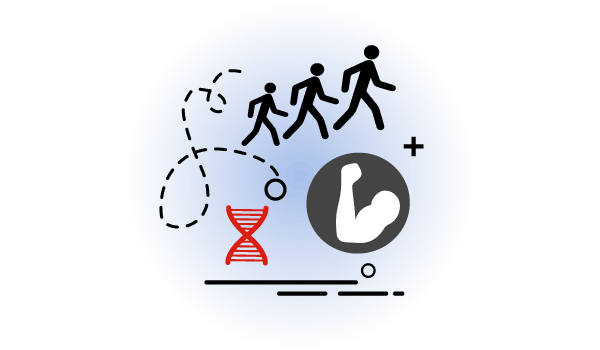Icon graphic depicting a muscular arm, hourglass and people walking
