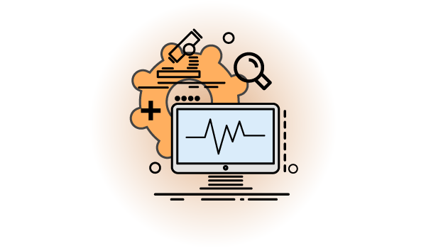 Icon graphic depicting computer monitor, gear, microscope and magnifying glass