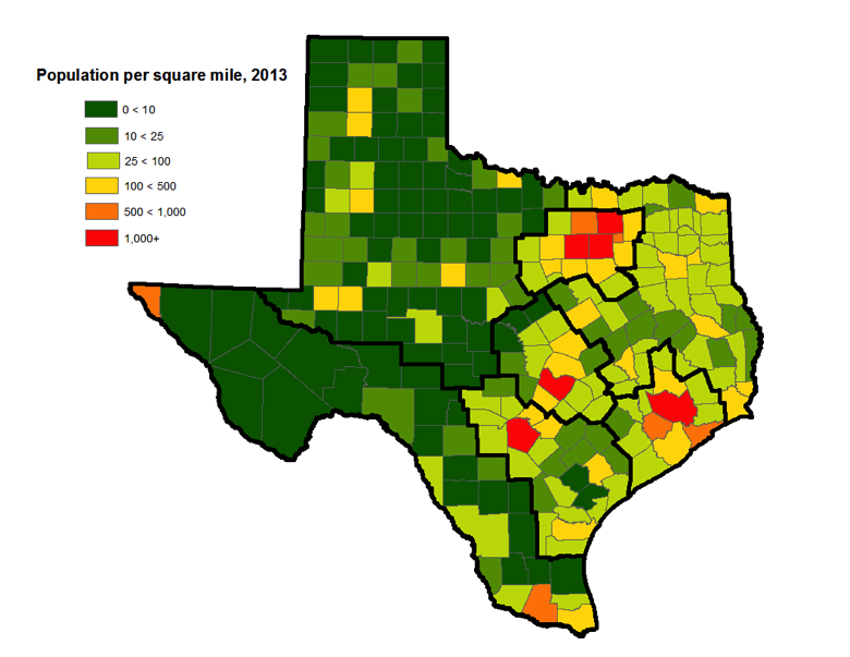 map showing that a large part of Texas is not very densely populated and population is concentrated neat cities