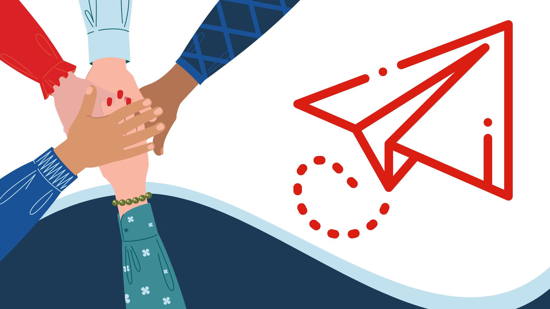 illustration of helping hands, wave and paper airplane icon