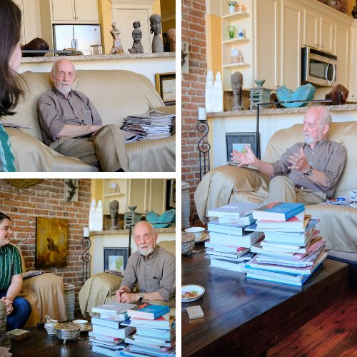 An older adult is interviewed in his home