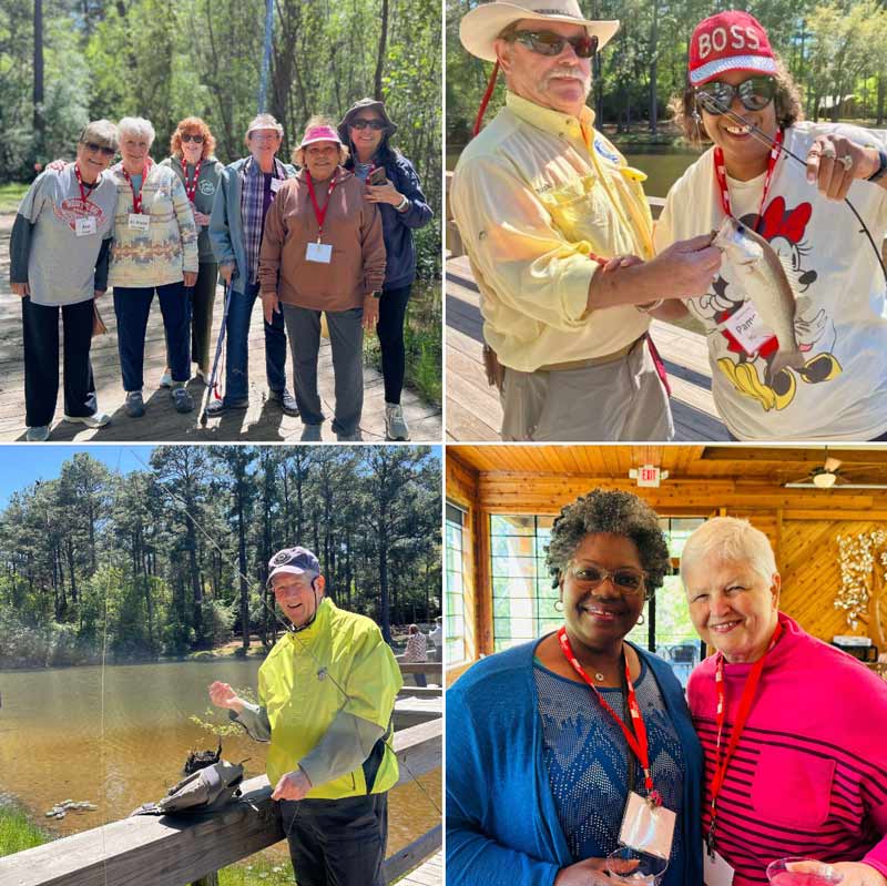 photo collage of older adults at camp, fishing and enjoying one another's company