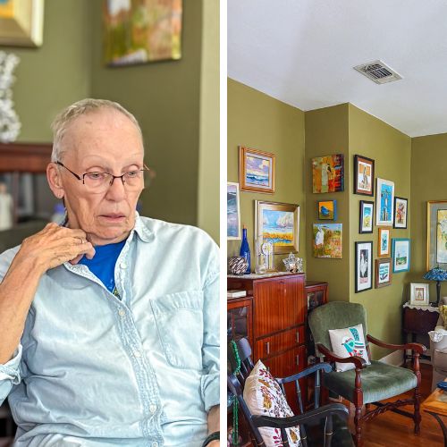 Bets Anderson, an older adult, in her home; Interior view of Bets’ home with her artwork and furniture