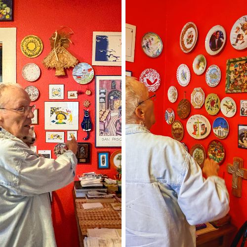 Bets Anderson, an older adult in her home pointing to a bright red wall willed with artwork; Bets Anderson, an older adult, looks at her art collection
