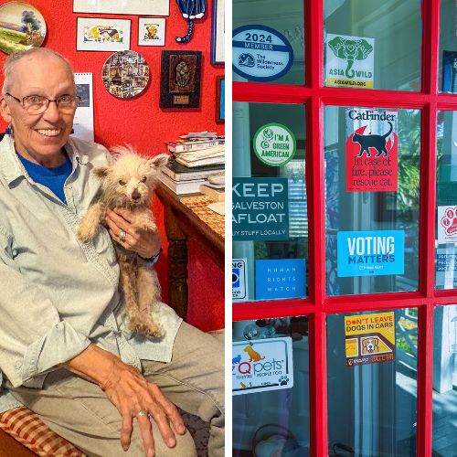 Bets Anderson, an older adult, poses with her pet dog in her home; Red front door with numerous stickers about various causes, “Keep Galveston Afloat”, “Voting Matters”, etc.