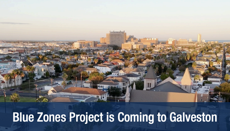 aerial view of Galveston, Texas and UTMB