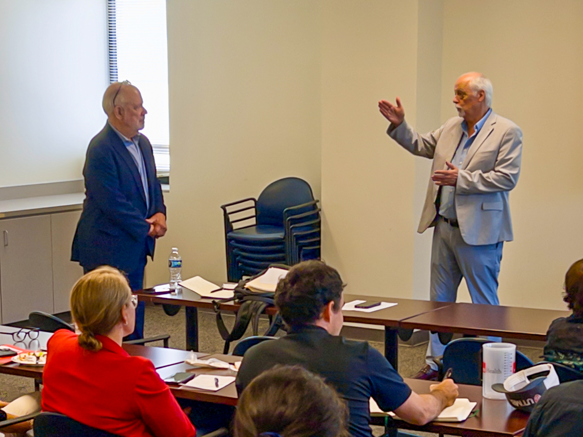 Dr Landay and Dr Sierra shown discussing geroscience during a lecture
