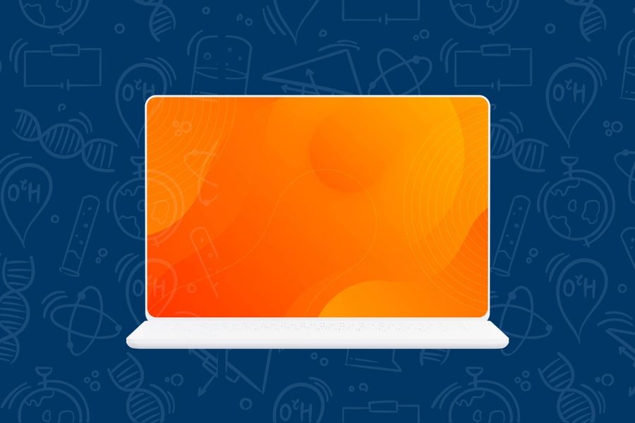 laptop with bright orange screen against a blue background with scientific sketchmarks