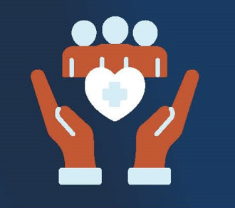 con graphic with hands supporting three individuals, a heart and plus sign indicates healthcare