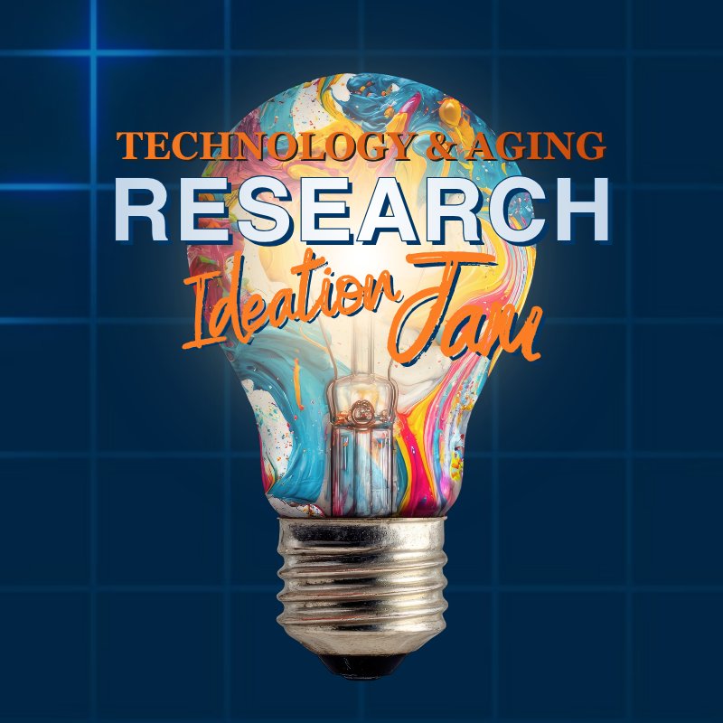 glowing lightbulb covered with paint, Technology & Aging Research Ideation Jam text graphic