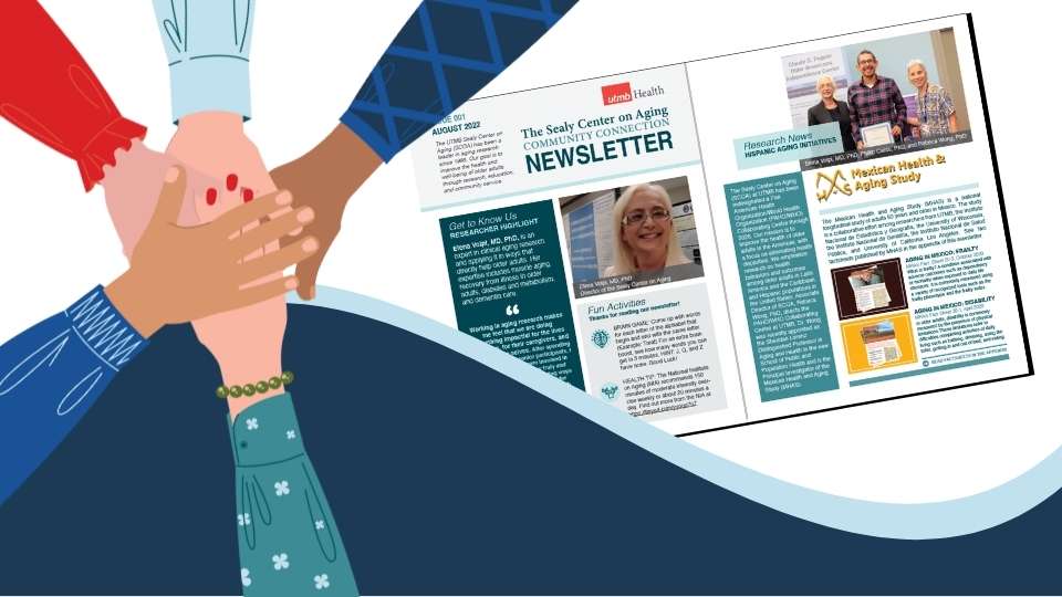 helping hands in front of wave background and print newsletter graphic