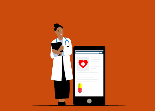 illustrated graphic doctor woman of color with phone and medication app