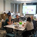 group at table discussing research ideas