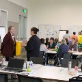 faculty and staff discussing research