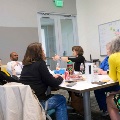 faculty and staff discussing research