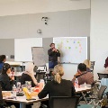 faculty and staff discussing research