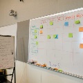 whiteboard and paper pad with notes