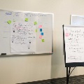 whiteboard and paper pad with notes