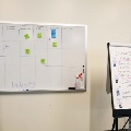 whiteboard and paper pad with notes