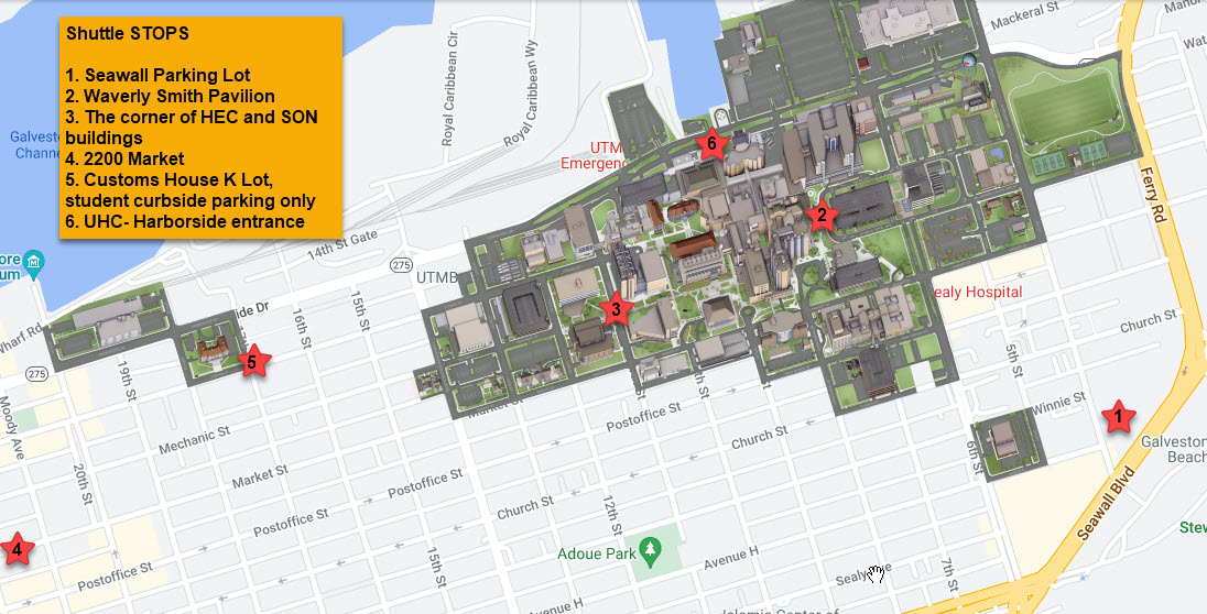 The circular shuttle route on UTMB's Galveston campus has eight stops.