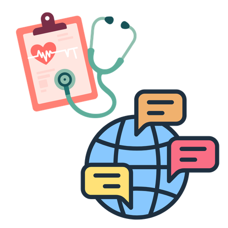 Graphics of a stethoscope over a health chart on a clipboard, and a globe with dialog popups, representing Bilingual Health
