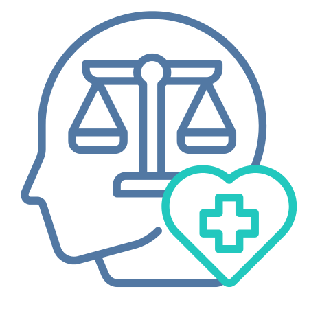 Head silhouette with scales of justice and a heart with a medical cross.