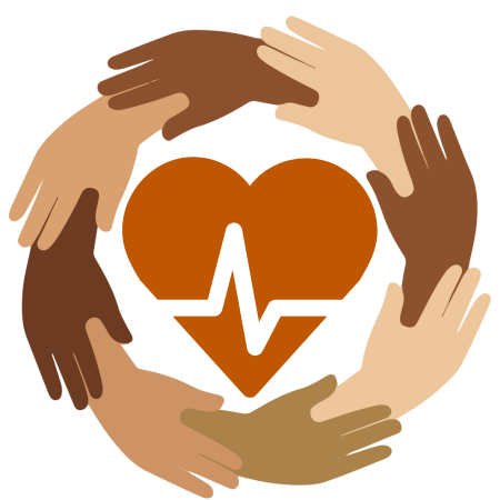 Multicolored hands forming a circle around a heart with a heartbeat line.
