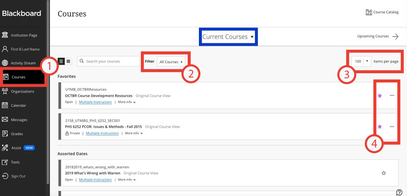 screenshot of the Blackboard Courses page that indicates things user should click on to find their classes.