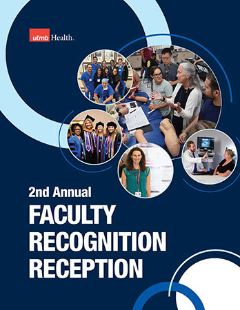 A photo of the 2025 reception booklet cover, which is dark blue and features five photographs of faculty in different areas of the institution