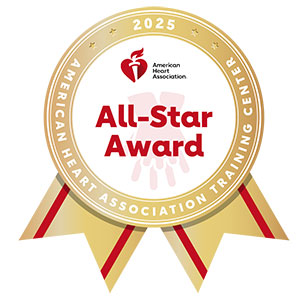 A gold ribbon logo that features the American Heart Association logo within it and the words "All-Star Award"