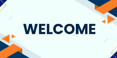 "Welcome" on a graphic with blue and orange angular designs at the corners