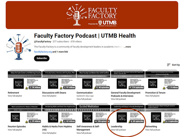 Screenshot of Faculty Factory's YouTube page showing episode categories with 