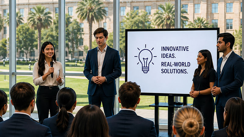 Innovations Fellows wearing business attire give a presentation to a group. They are displaying a screen that says "Innovative ideas. Real-world solutions."