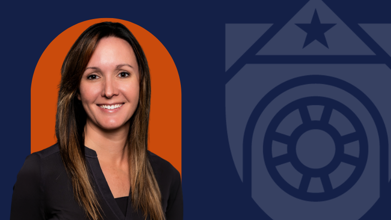Becky Katchmark's headshot on a dark blue banner that features the UTMB shield motif at right