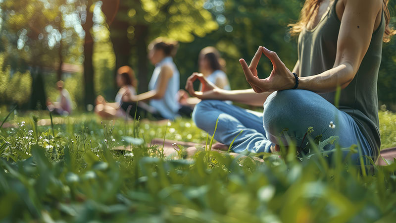 Several individuals practice yoga, sitting cross-legged outdoors on grass. The person closest to the camera is visible from the shoulder down.