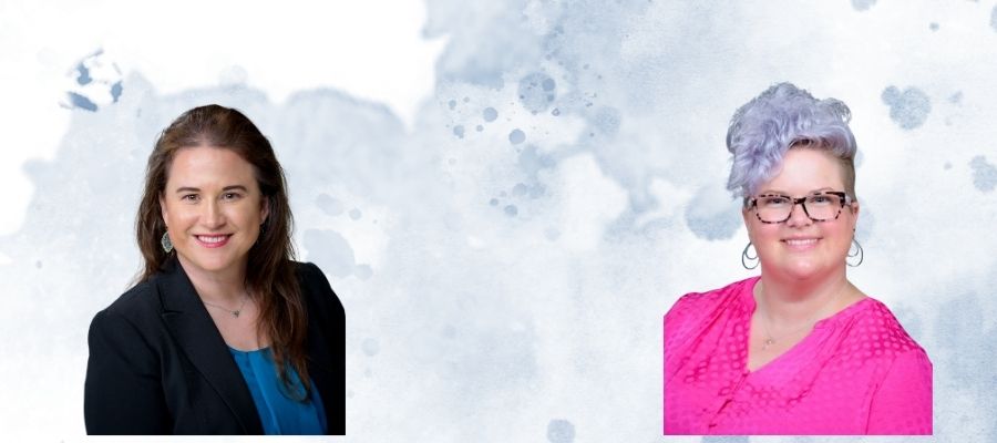 Holly West. Caucasian female in her 40s with a found face smiling with long brown hair past her shoulders in a black blazar. Amanda Persons. Caucasian female in her 40s with a round face buzzed hair on sides and purple curls at top in pink blouse.