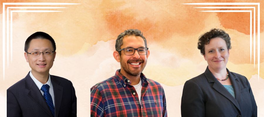Rocksheng Zhong, MD, Asian male, 30s , glasses, brown hair, in a black suit. Phil Cantu, PhD, white male 40s, with curly hair, glasses, a cropped beard and mustache, plaid shirt. Martha Grace Cromeens, RN, PhD, JD, white female 50s in black suit.