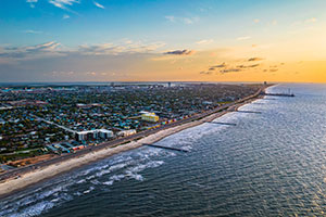 An aerial shot of Galveston beach