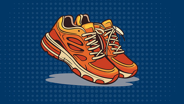 A graphic of orange tennis shoes on a dark blue banner