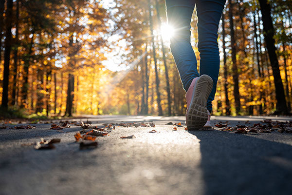 A paved road with trees on both sides; a woman's feet and lower legs can be seen on the right as she walks on a fall day.