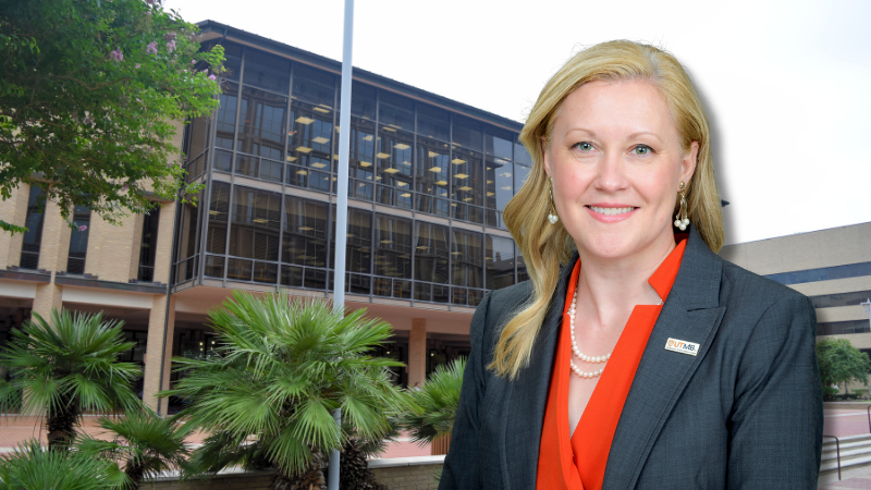 Emily Hurst's headshot with Moody Medical Library in the background
