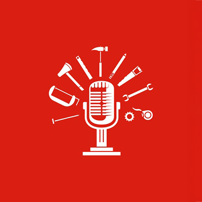 A white icon depicting a microphone with multiple tools surrounding it