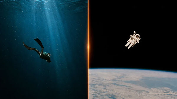 A split screen depicting a diver on one side and an astronaut on the other