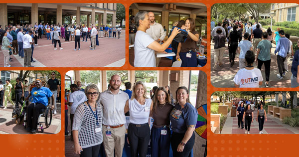 A collage of images from the Walktober kickoff on an orange background
